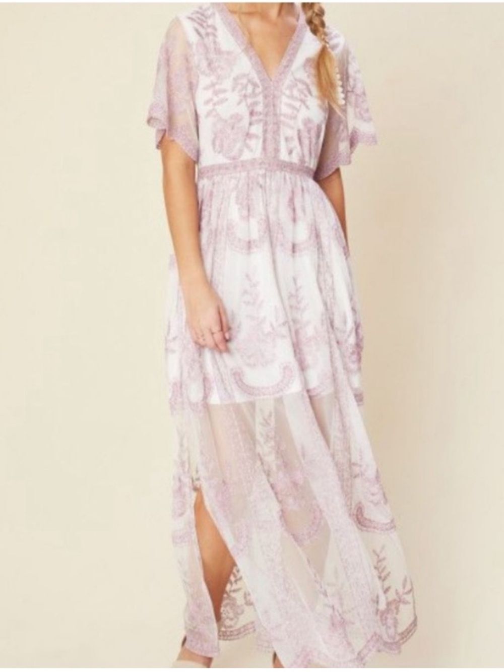 Beautiful Boho Fairy Pastel Embroidered Lace Flowy Sheer Maxi Dress Size M